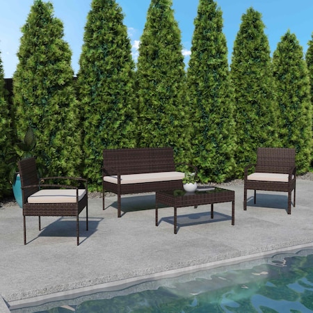 Flash Furniture 4 Piece Brown Patio Set with Beige Cushions JJ-S312-BNBG-GG